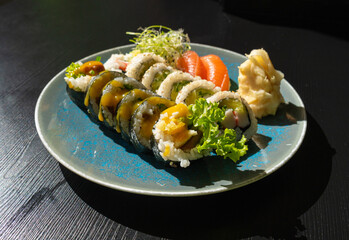 Sushi Plate, Fish Maki Rolls, Japan Seafood, Sushi Set, Asian Dinner, Tradition Nigiri Susi © ange1011
