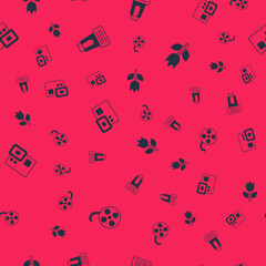 Set Film reel, Photo camera flash, Action extreme and mode macro on seamless pattern. Vector