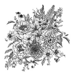 Vector illustration of a bouquet in engraving style. Peony, lupine, magnolia, mimosa, dahlia, lily, cosmos, California poppy, buttercup, lobelia, eryngium