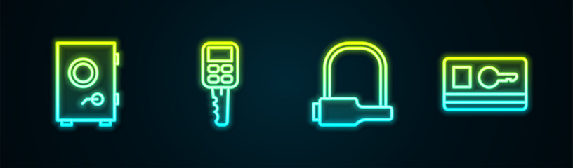 Set line Safe, Car key with remote, Bicycle lock and Key card. Glowing neon icon. Vector