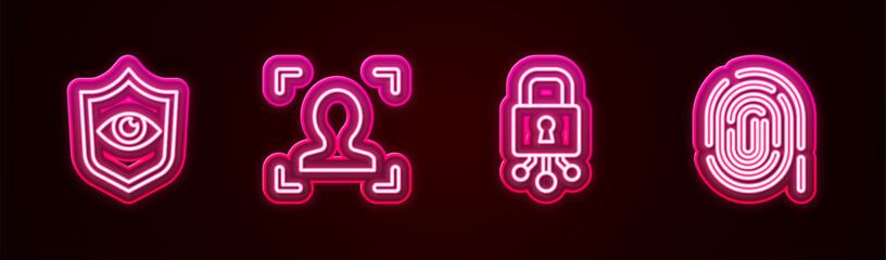 Set line Shield and eye, Face recognition, Cyber security and Fingerprint. Glowing neon icon. Vector