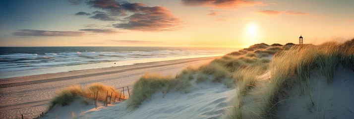 Zelfklevend Fotobehang Golden serenity. Tranquil evening on sandy coast. Coastal dreams. Sun kissed dunes by sea. Horizon haven. Embracing beauty of north sea © Thares2020