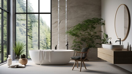 Modern Bathroom with Bathtub and Forest View - AI Generated