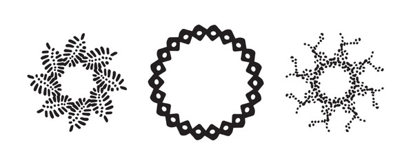 Wreath group in quirky vector style isolated on white background. Decorative frame collection for playful antique graphics. Monochrome ornate quirky illustration. 