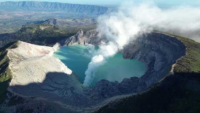 Flying high over Kawah Ijen volcano in Java island, Indonesia