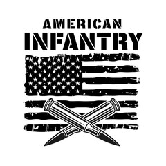 American infantry special forces vector illustration in monochrome style with USA flag and bullets isolated on white