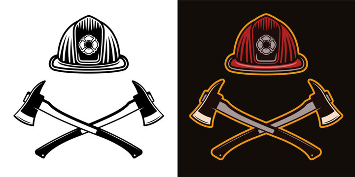 Firefighter helmet and two crossed axes vector illustration in colored style on dark background