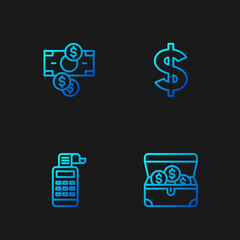 Set line Treasure chest, Cash register machine, Stacks paper money cash and Dollar symbol. Gradient color icons. Vector