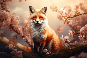 Image of fox surrounded by beautiful flowers. Wildlife Animals, Illustration, Generative AI.