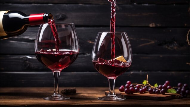 red wine in a glass - Pouring red wine into the glass against rustic dark wooden background