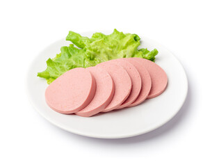 Mortadella Slice Isolated, Luncheon Meat Cut, Chicken Ham, Boiled Sausage for Breakfast