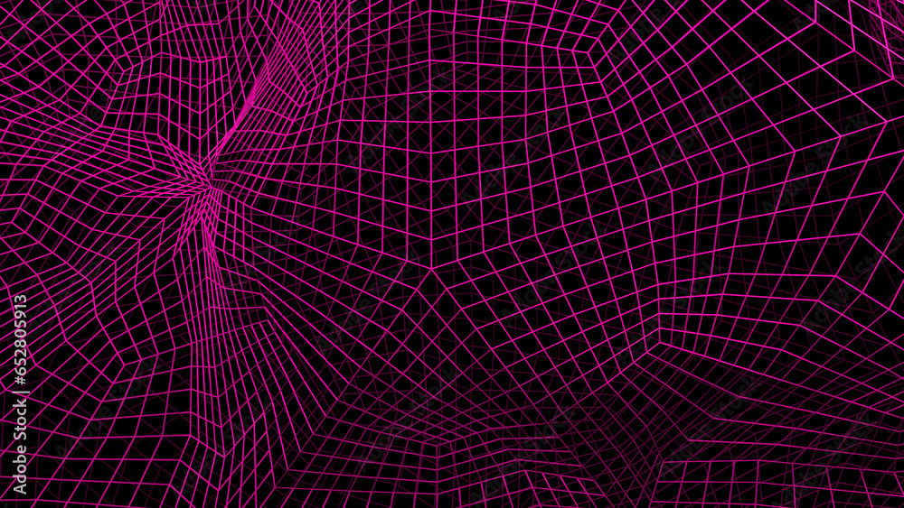Poster dark background with pink cobwebs. design. neon grid moving in abstraction.