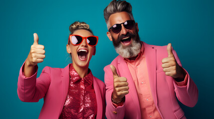 Cyber Monday themed crazy men and woman giving thumbs up - obrazy, fototapety, plakaty