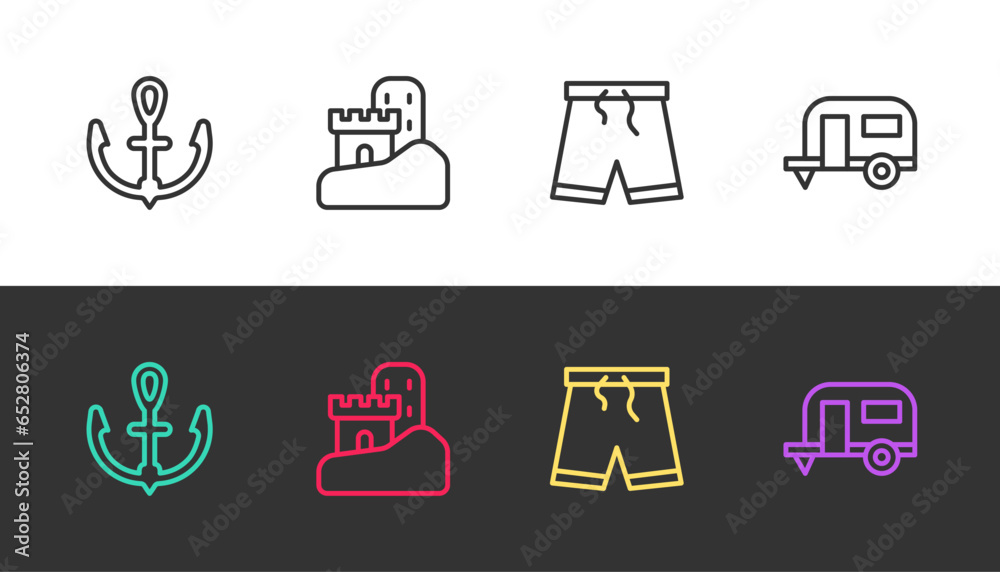 Canvas Prints set line anchor, sand castle, swimming trunks and rv camping trailer on black and white. vector