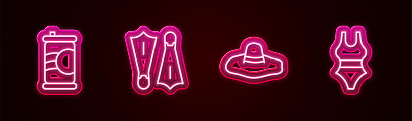 Set line Soda can, Rubber flippers for swimming, Elegant women hat and Swimsuit. Glowing neon icon. Vector