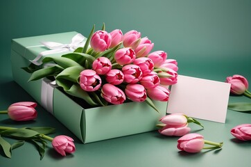 Green Gift Box with Red Roses and Tulips, Gift Card for Wedding and Surprise, using Generative Ai