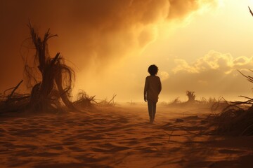 Captured in the Desert Whirlwind: A Photo of a Boy Walking in a Dust Storm