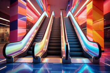 Escalators controlled by AI technology feature various interior designs tailored to themes such as...