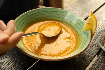 Red Lentil Soup, Yellow Cream Puree, Ramadan Food, Pumpkin Vegetarian Dish, Orange Lentil Soup in Bowl