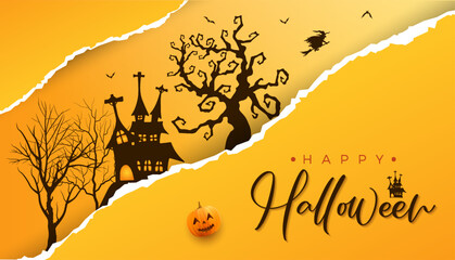 Happy halloween torn paper effect background with creepy dead tree and halloween house and halloween text