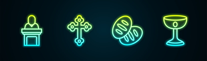 Set line Church pastor preaching, Christian cross, bread and chalice. Glowing neon icon. Vector