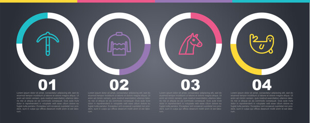 Set line Pickaxe, Sweater, Horse and Fur seal animal. Business infographic template. Vector