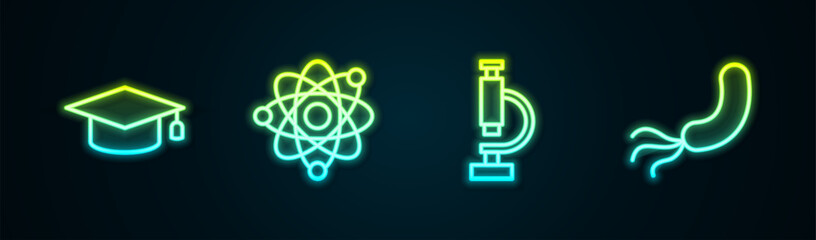 Set line Graduation cap, Atom, Microscope and Bacteria. Glowing neon icon. Vector