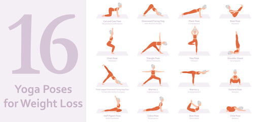 Yoga poses for Weight loss. Elderly woman practicing yoga asana. Healthy lifestyle. Full body yoga, fitness, aerobic and exercises workout. Flat cartoon character. Vector illustration