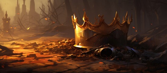 Illustration of fallen monarchy with a crown on the ground amid a graveyard portraying an epic and sorrowful concept