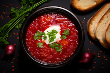 bowl of delicious Russian or Ukrainian traditional borscht soup top view with bread on a dark background