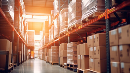 Warehouse with racks and shelves filled with cardboard boxes on pallets. Distribution products. Warehouse industrial and logistics companies. Commercial warehouse.