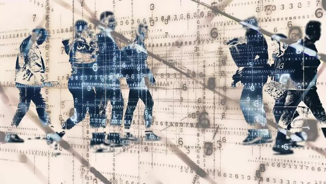 People and data montage.
Silhouettes of walking people composited with a matrix of changing numbers.