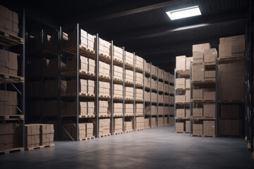 Boxes in warehouse. Production, warehouse. AI generative.