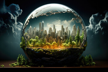 Metropolis with a park in a glass ball. The ecological problem of environmental cleanliness and the ozone layer