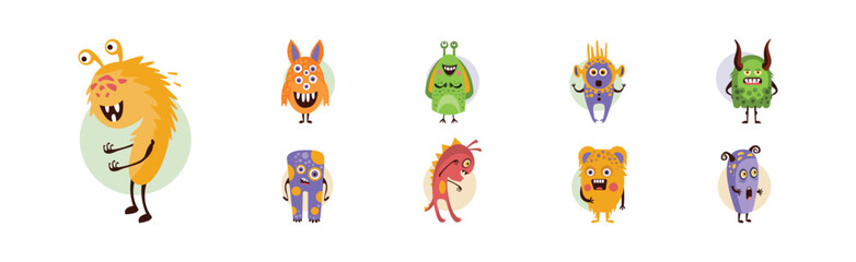 Funky Monster Character with Happy Face Vector Set