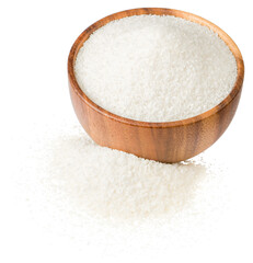 Shredded coconut in the wooden bowl, isolated on white background.