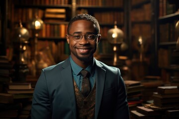 Fototapeta premium Black Man Librarian Employee Career Workplace Background Generative AI