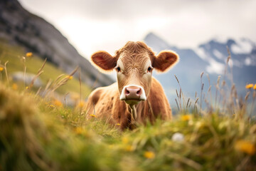 Cute cow eating grass in the alps with a beautiful bokeh