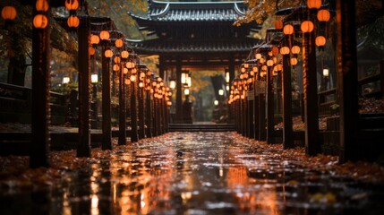 On rainy night, the streets of city come alive with the warm glow of the lanterns, reflecting off...