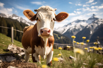 Naklejka na ściany i meble Cute cow eating grass in the alps with a beautiful bokeh
