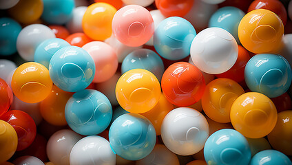 Colored plastic balls in pool of game room. Ball pit or pool,Swimming pool for fun and jumping in colored plastic balls for children background texture - obrazy, fototapety, plakaty