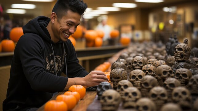 A jubilant man wearing festive apparel is happily surrounded by pumpkins and squash, embodying the spirit of halloween