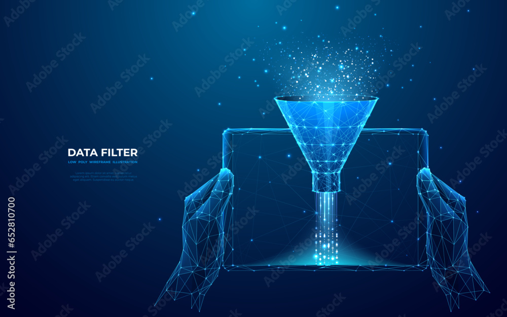 Poster Digital Sales Funnel on a tablet screen in human hands. Big Data Concept on Technological Background. Abstract Data Flow and Filter. Low Poly Wireframe Vector Illustration in futuristic style.