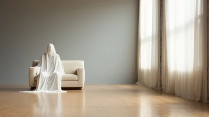 Foto op Plexiglas A mysterious figure draped in a white sheet sits motionless on a plush couch, surrounded by muted walls, cozy furniture, and elegant flooring, creating a surreal atmosphere of mystery and intrigue © Envision