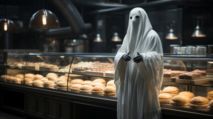 A lone ghost in a white garment stands amidst a tantalizing array of pastries and doughnuts, invitingly displayed in an indoor bakery, begging to be savored