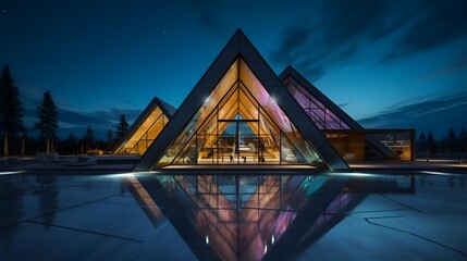 Contemporary triangle shape design modern Architecture building exterior with glass, concrete and steel element. Night scene.