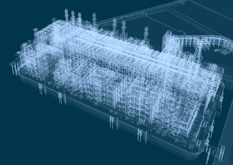LNG plant based on gravity. Scheme. 3d rendering