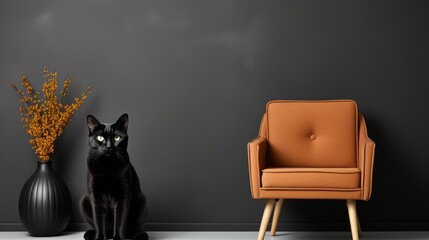 A curious black cat stares intently from its perch on an orange chair, its eyes taking in the sights of the room while providing a playful contrast against the stark wall