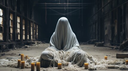 A hauntingly beautiful figure draped in a white sheet, illuminated by flickering candlelight, sits solemnly on the ground of an outdoor building, reminiscent of a silent sentinel statue - obrazy, fototapety, plakaty