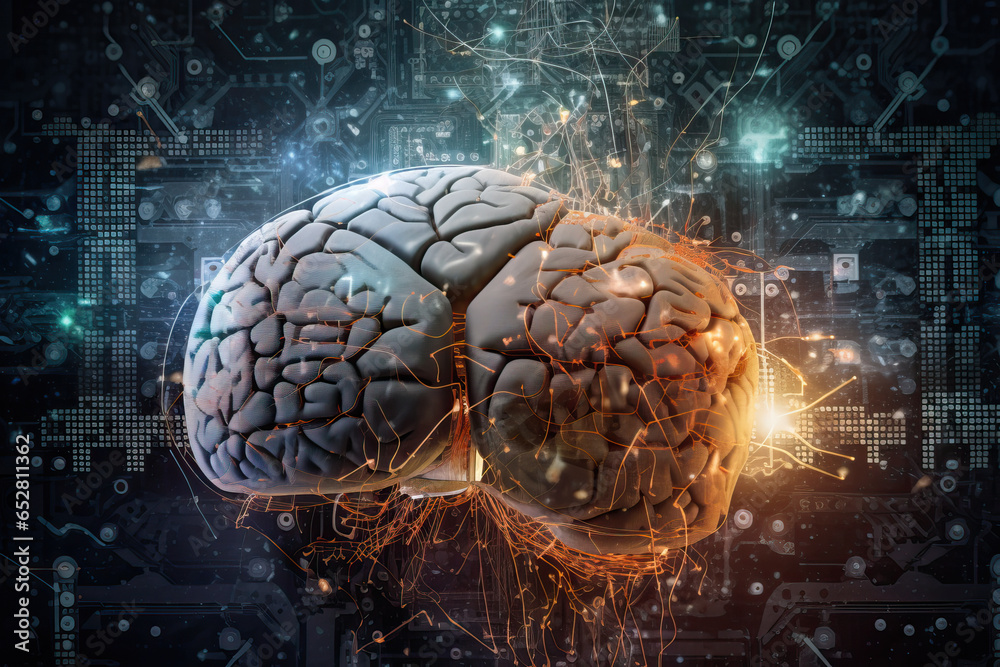 Poster futuristic looking brain with glowing data and computer components around